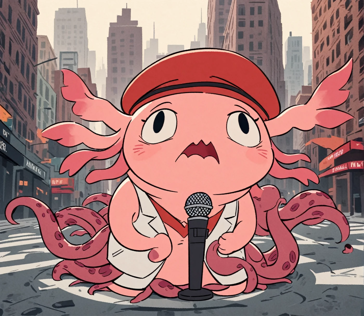 Axolotl Beetle, Circle Eye, Dot Pupils, Zig Zag Mouth, Red beret, White Vest, six tentacles legs, looking at viewer, evil Rage and Yelling, Riding Scooter, New York City, Style of Guillaume Renard, digital illustration