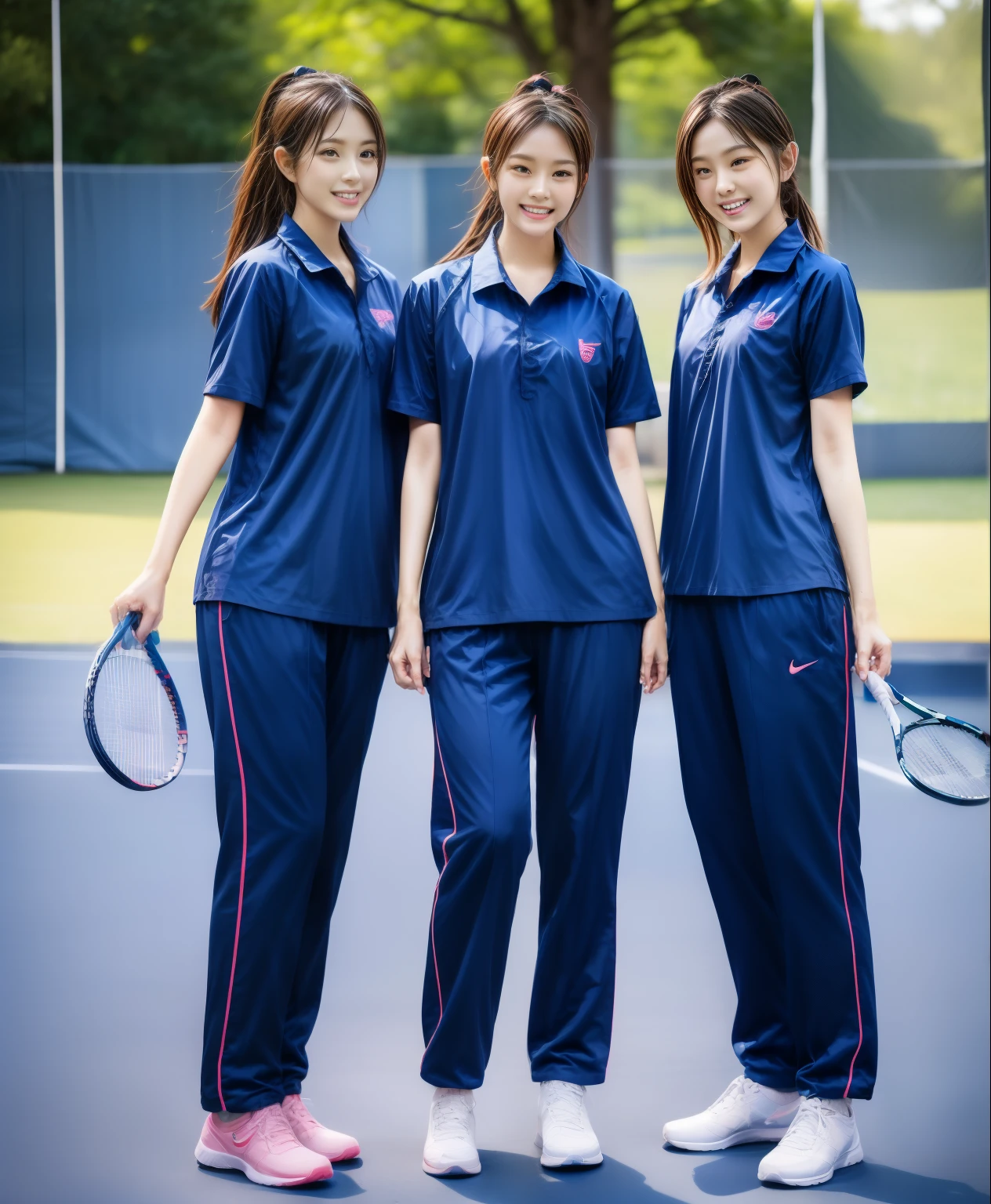 3 girls play tennis at tennis courts, Navy blue short-sleeved shirt,Navy Long Trackpant,Sweatpants, Sweatpantsขายาว,25 year old girl, lesbian, sexy, exercise clothes, wet body, exercise clothes