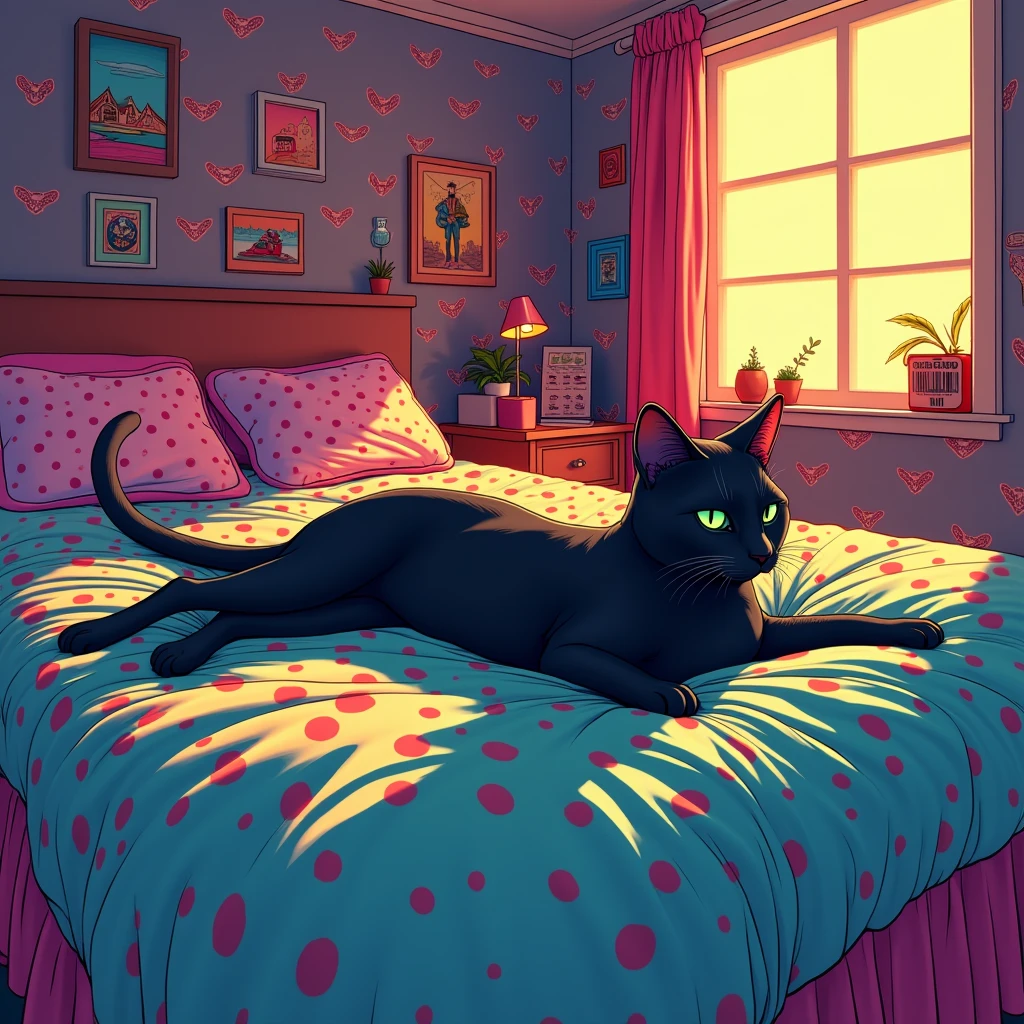 Black shadow of a gray cat very close cartoon style, Vice City GTA, on a bed