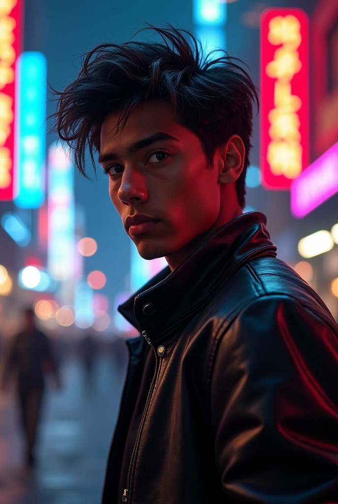 a young man similar to Miles Morales from Spider-Man, looking to the left, detailed facial features, beautiful eyes, sharp cheekbones, messy dark hair, street urban environment, neon lighting, cyberpunk style, dynamic pose, moody colors, cinematic lighting, hyper realistic, 8k, award winning digital art