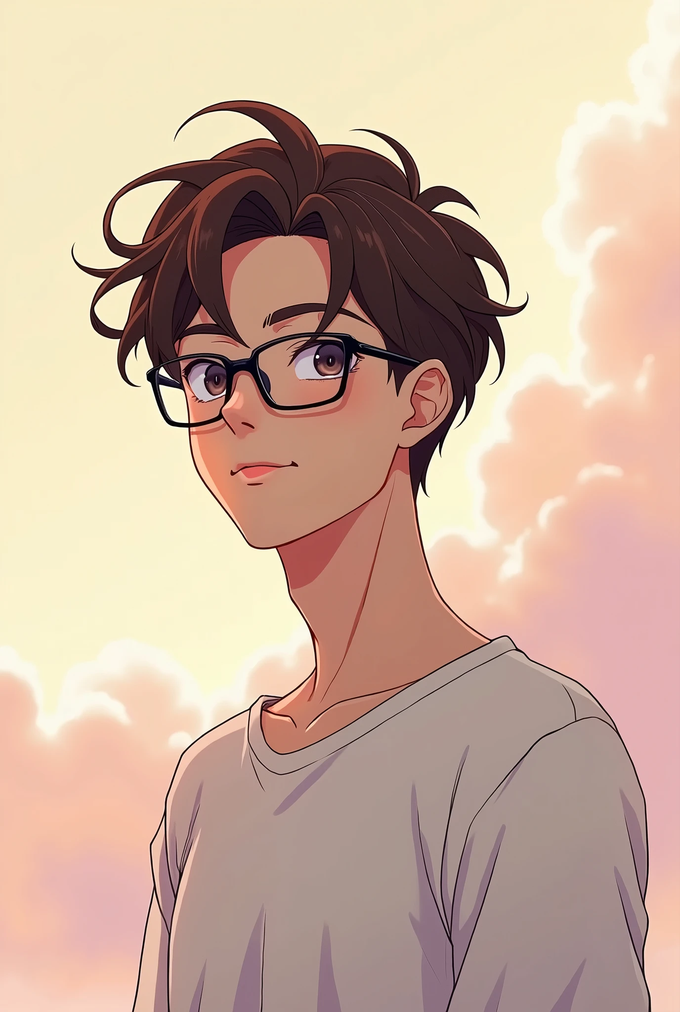 Anime line drawing of a man wearing glasses and brown hair
