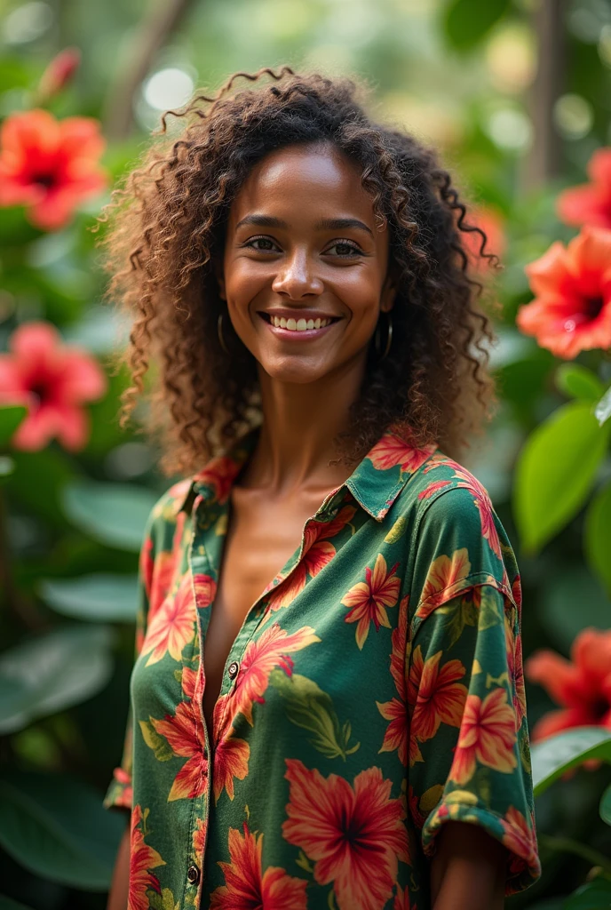 A Brazilian woman in a lush tropical garden, wearing an open shirt with a floral print, with a close-up capturing the harmonious beauty between her breasts and the natural flowers, showing off your natural charm and outgoing personality.