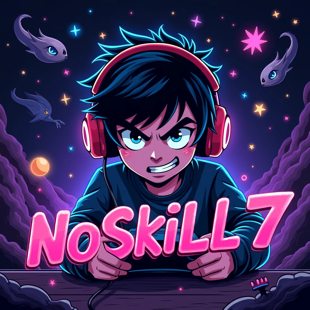 a cartoon image with the word NoSkill77 with theme in video games and dark universe (that he is a teenager)