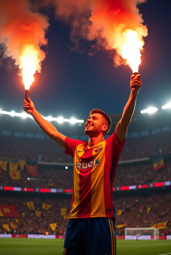 an ultra of a soccer team with flares in his hands