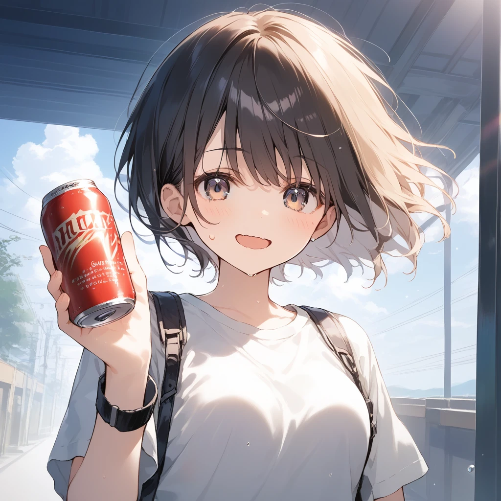 score_9, score_8_up, score_7_up, source_anime, best quality, masterpiece, official art, absurdres, highres, ultra-detailed,waifu2x,Collection: Slice of Life,break,1girl, sprightly girl, short hair, pixie cut, tareme, medium breasts, beautiful detailed eyes, sweat, gym shorts, wavy mouth, open mouth, smile, drink can, outdoors, wind, break,(clear line illustration:1.2), super detailed skin,very high resolution, very aesthetic, Best sexual lighting powered by famous artist, 8k, 16k, cute picture,beauty illustration,photoshop_(medium),,(Detailed Lighting),best anime 8k konachan wallpaper, pixiv contest winner, artist:clamp ,artist:carnelian ,artist:kantoku ,