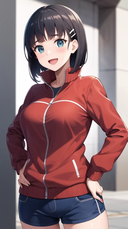 masterpiece, best quality, highres, aasugu, short hair, hairclip, large breasts, track jacket, red jacket, black shirt, blue shorts, hand on hip, smile, open mouth, outdoors