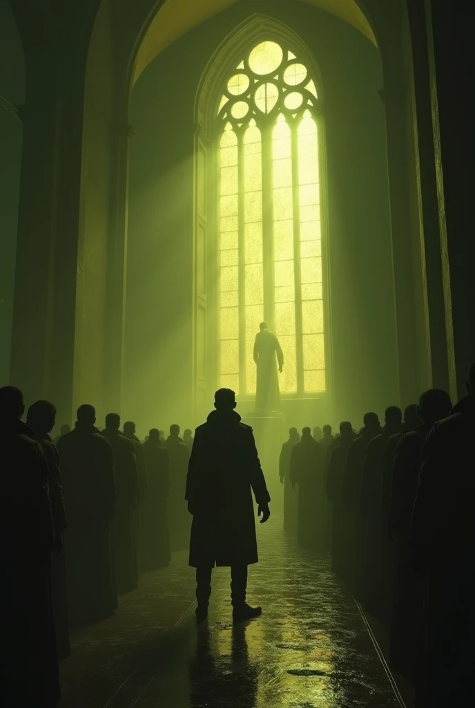 A realistic horror image, inside a tall chapel, the image must show inside a church, the lighting is yellowish, dark greenish and dark, horror ambience, In the center of the image is Agent Leon trying to save college student Ashley Graham, in the background there are strange people in rural clothes inside a tall ancient chapel praying to a god