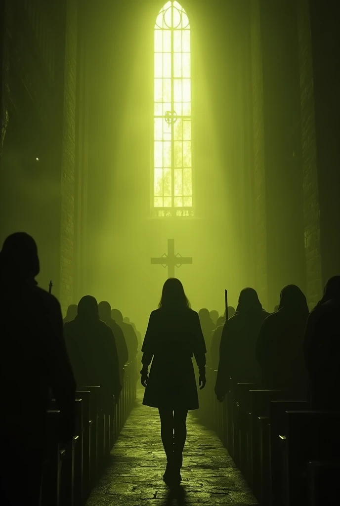 A realistic horror image, inside a tall chapel, the image must show inside a church, the lighting is yellowish, dark greenish and dark, horror ambience, In the center of the image is Agent Leon trying to save college student Ashley Graham, in the background there are strange people in rural clothes inside a tall ancient chapel praying to a god