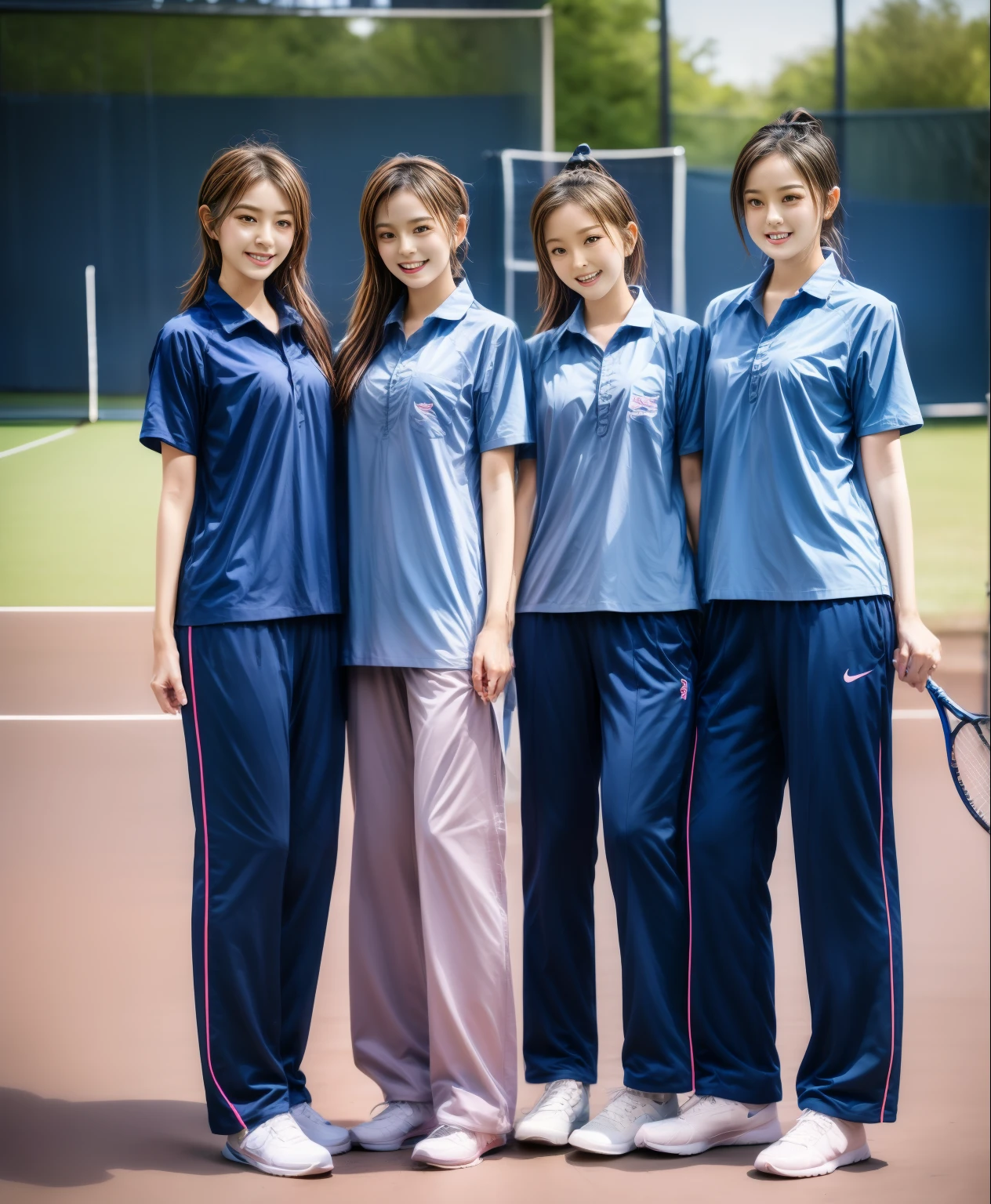3 girls play tennis at tennis courts, Navy blue short-sleeved shirt,Navy Long Trackpant,Sweatpants, Sweatpantsขายาว,25 year old girl, lesbian, sexy, exercise clothes, wet body, exercise clothes