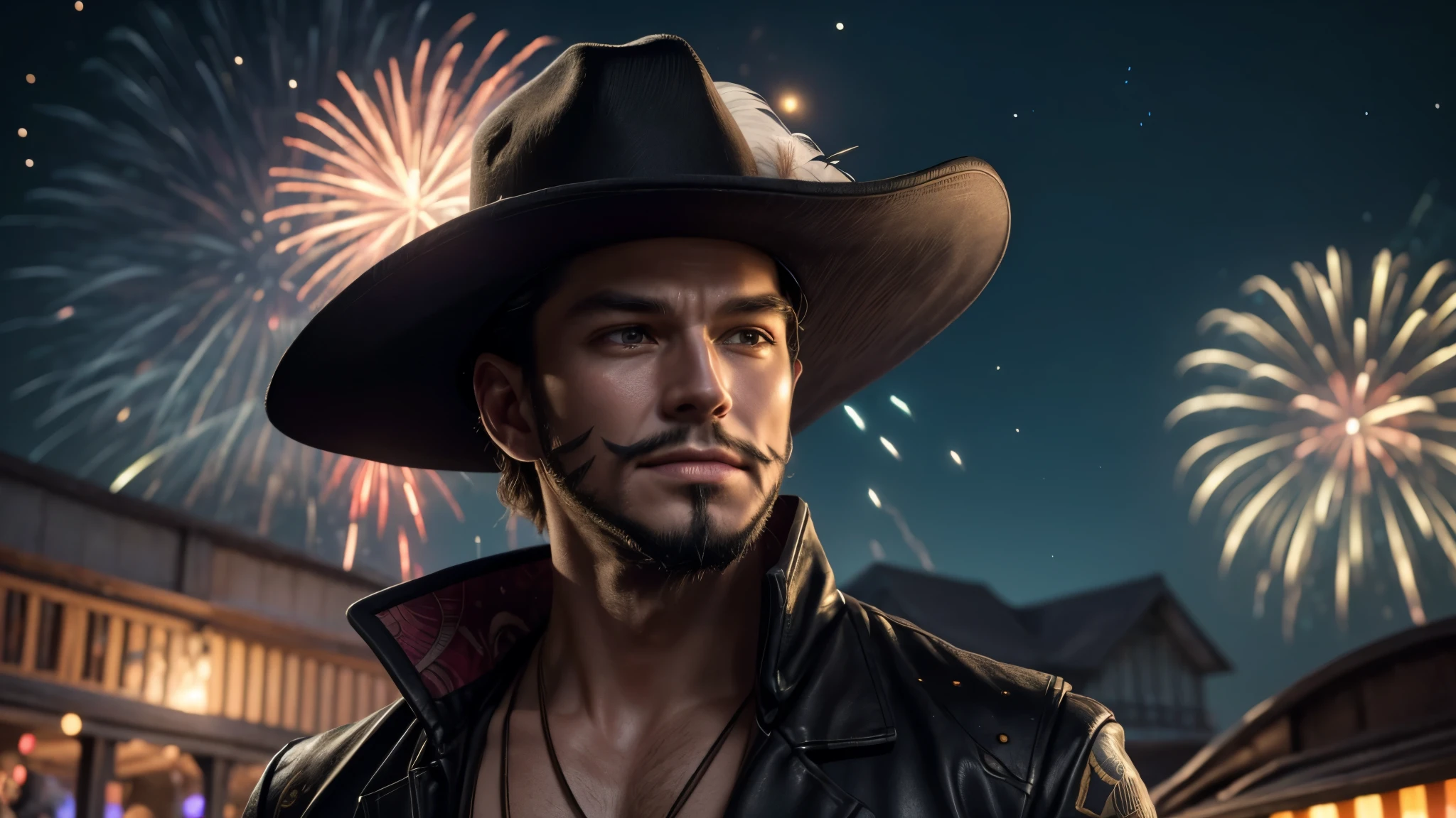 masterpiece, best quality, extremely detailed, hyperrealistic, photorealistic, a cool 40s man, ultra detailed face:1.2, black hat with feathers, wide shot, fireworks festival, detailed fireworks:1.1, fireworks burst in a multitude of vibrant hues, the night sky is clear and the stars twinkle in the background, laughing