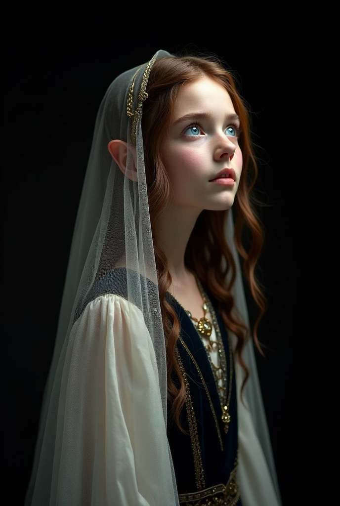 Photorealism、(black background!!!!!), Highest quality、Ultra-high resolution、The most beautiful lord of the rings young!!!!! 10!!!! year old arwen、(very extremely!!!!!! beautiful!!!!!!! highly detailed 10!!!!!!! year old young face)、medium size Breasts、thin .(Translucent white!!!!! skin!!!!!). german!!!!!, Big bright blue eyes. brown hair. (frontal shot!!!!!), (she is looking up!!!!), (body half in shadow!!!!!!), ( beautiful detailed elf dark!!!!!_white!!!!! gown!!!!! with golden details), (beautiful detailed dark!!!!!_white!!!! veil!!!!!! over head with golden details and lots of folds!!!), (bright topdown!!!!!! light!!!!!), (dark shades!!!!!!), contrapposto!!!!!!!!!!!!!!!!!, (receding into the dark!!!!!!!!!!!!), (tilted!!!!!!! head!!!!!!!)