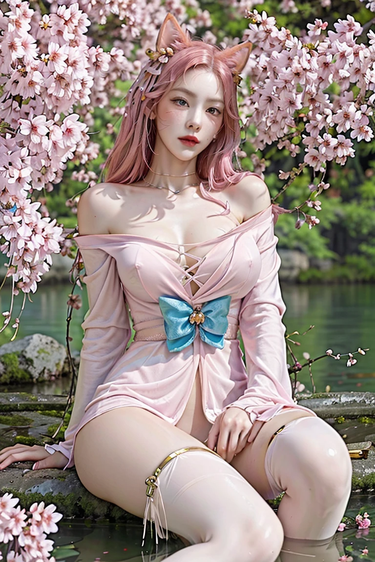 ink hair,gradient hair,longhair ,pink pupil, alternate hairstyle, y,Big ,cleposed,translucent clothes,fox ears, three tailed fox,(((Sexy linger))、twintails.、Belly button and lowhest are visible、shiny skin、((Shy face))、((Blushed))、(tearful eyes)、cry、(((A temple filled with cherry blossoms)))、((Exquisite picture)),(Masterpiece detailed RAW photo:1.25), (best quality:1.6), (Ultra-high resolution:1.5), (actual:1.75), 8K resolution, Canon EOS R5, 50 mm, Super detailed,movie lighting、((Sexy tong))