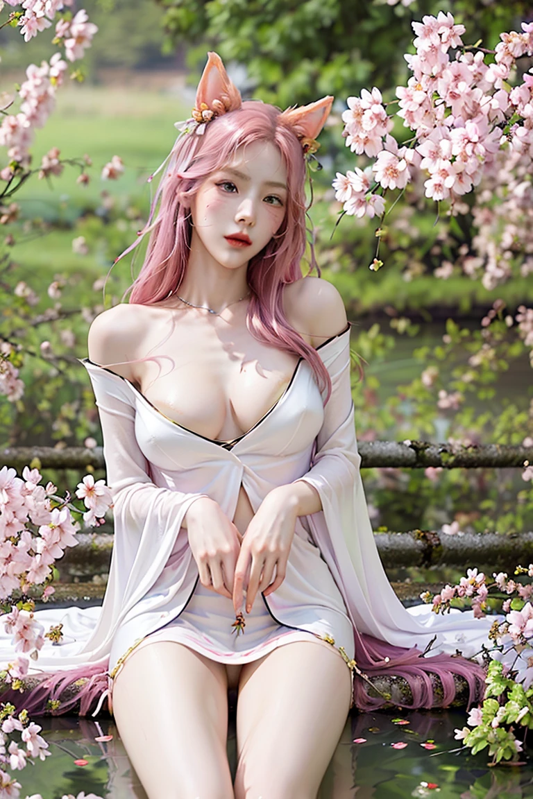 ink hair,gradient hair,longhair ,pink pupil, alternate hairstyle, sexy,Big ,cleavage,exposed,translucent clothes,fox ears, three tailed fox,(((Sexy lingerie)))、twintails.、Belly button and lower chest are visible、shiny skin、((Shy face))、((Blushed))、(tearful eyes)、cry、(((A temple filled with cherry blossoms)))、((Exquisite picture)),(Masterpiece detailed RAW photo:1.25), (best quality:1.6), (Ultra-high resolution:1.5), (actual:1.75), 8K resolution, Canon EOS R5, 50 mm, Super detailed,movie lighting、((Sexy tong))