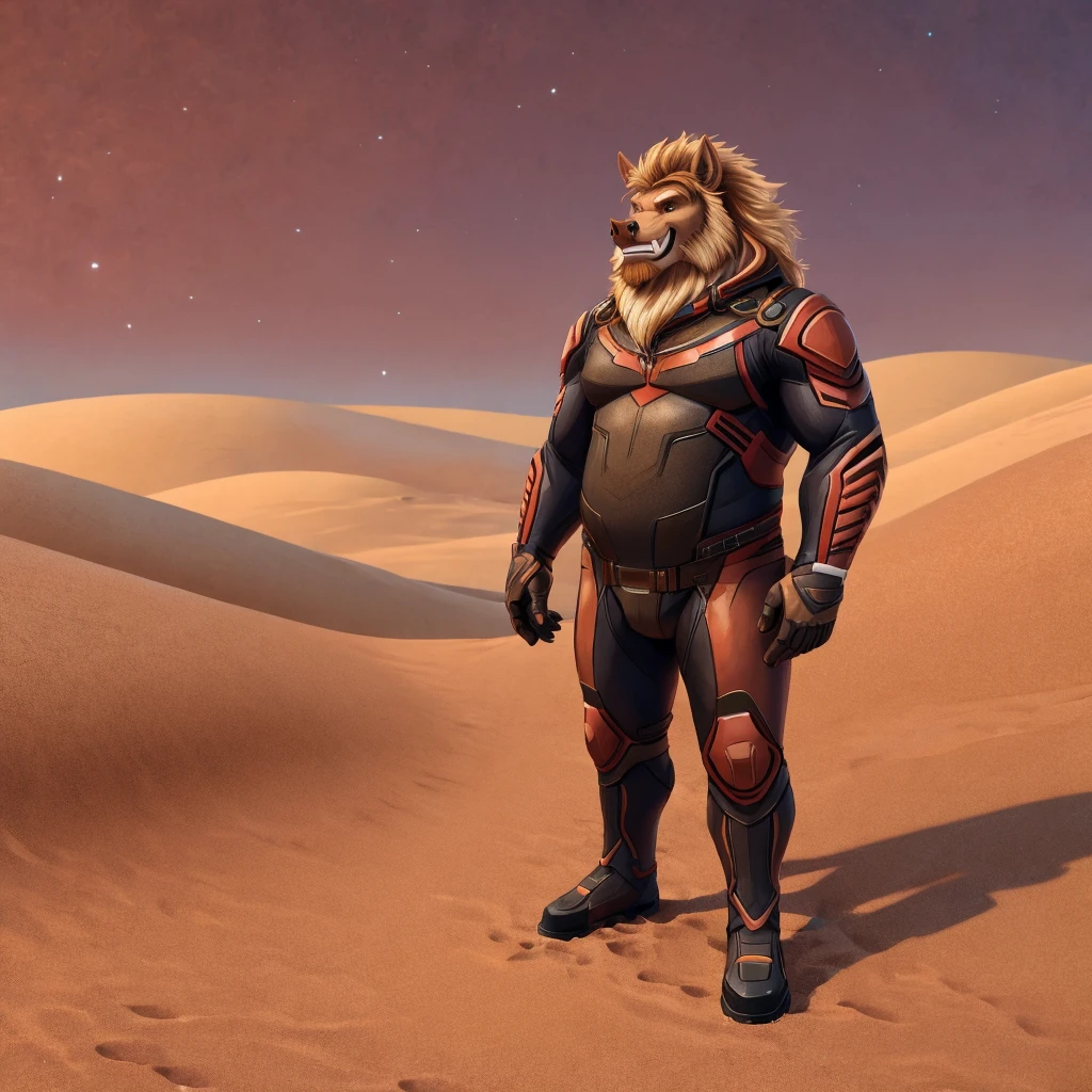 solo male semianthro tusked boar,red-blond shaggy mane with bleached blond tips,reddish blond beard,chubby soft body,daddy,stillsuit,Dune,Fremen sietch background,toothy grin,full body