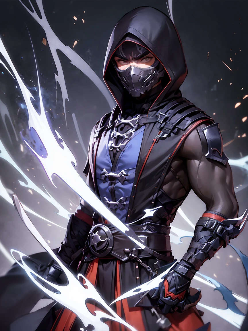 1 ninja (masculine) wearing quantum clothes, half ghost, wearing a mask, hooded cloak, behind him a legion of undead.