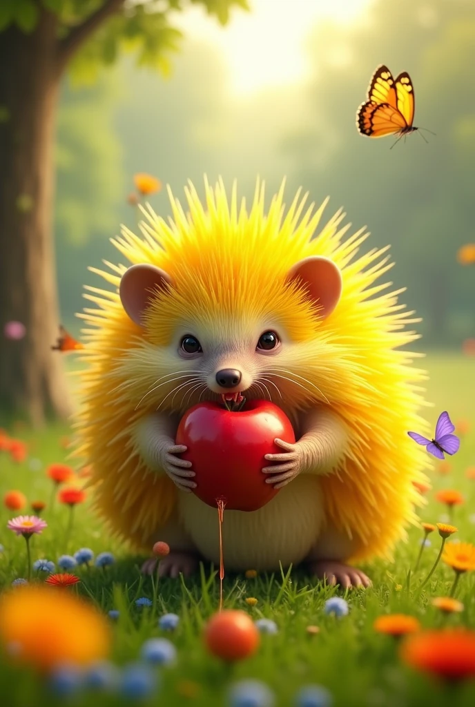 Draw a yellow hedgehog with a height of 1,5 meters, who eats a red apple