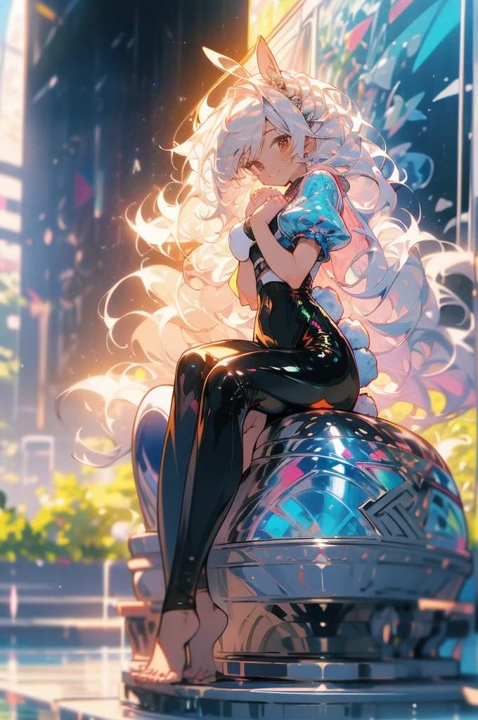 ((masterpiece,best quality)), Stunningly beautiful, 1girl, solo, fit body, animal ears, rabbit, barefoot, sitting comfortably, leather pants, leather crop top, sitting, rabbit ears, short sleeves, looking at viewer, stone brick floor, large mansion in the background, long white hair, light smile, white hair, puffy sleeves, outdoors, puffy short sleeves, bangs, on the rim of a beautiful water fountain, full body, animal, white dress, sunlight, brown eyes, dappled moonlight, night, depth of field