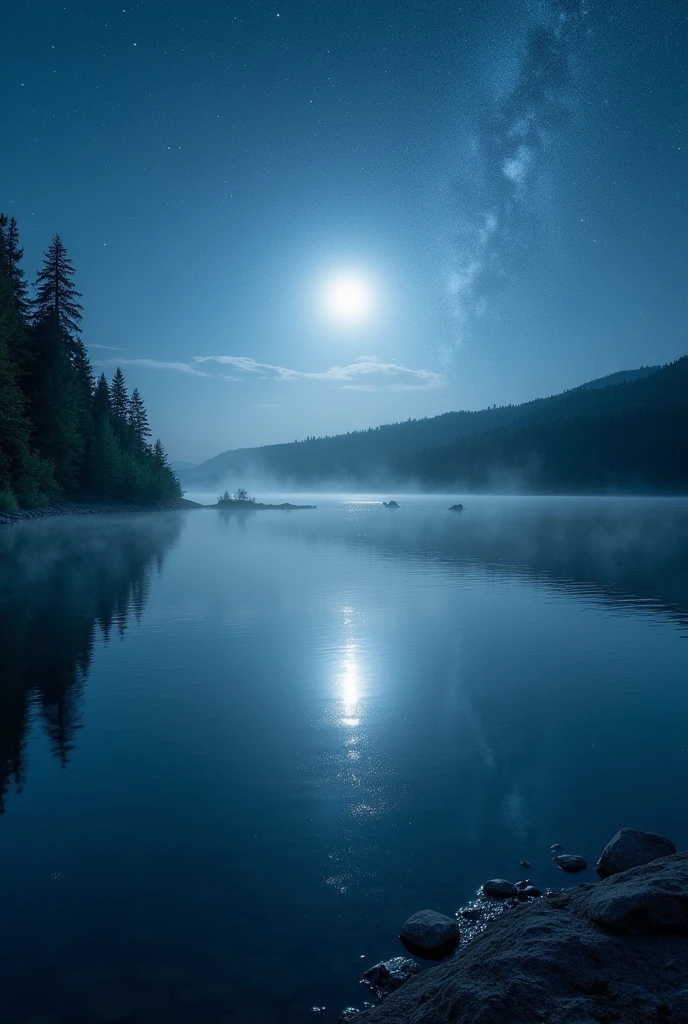 Lake landscape at night from above