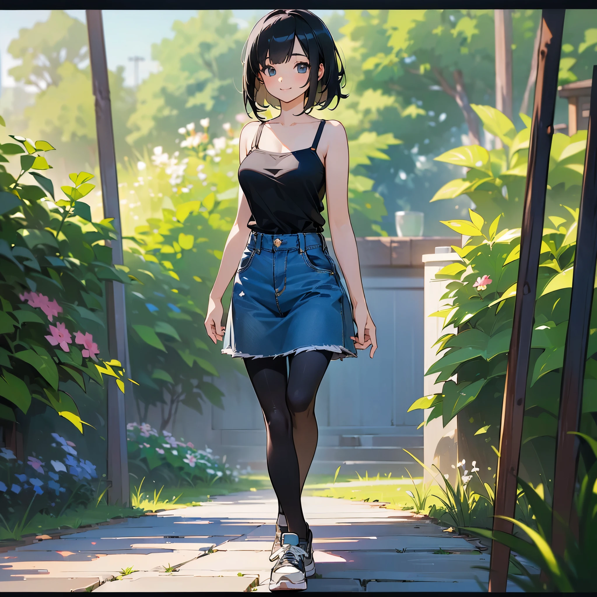 (high quality, High resolution, Very detailed, reality:1.37), Peaceful atmosphere, (Outdoor, garden),  girl standing alone, (my breasts are big.), Beautiful details, Cute Smile, (Black bob hair), camisole, Denim skirt, Black tights, sneakers.