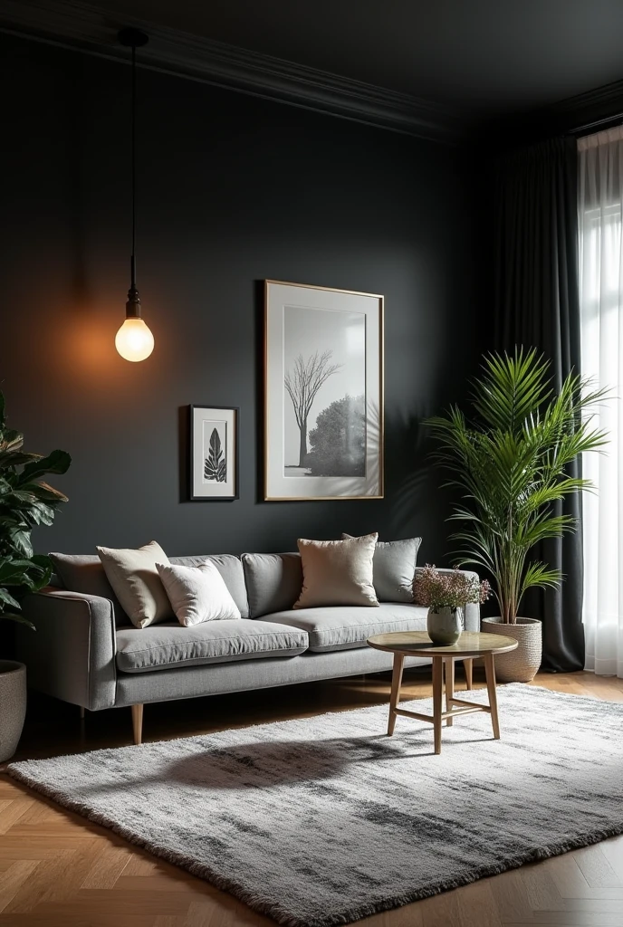 A chic black-based room with some grey thrown in