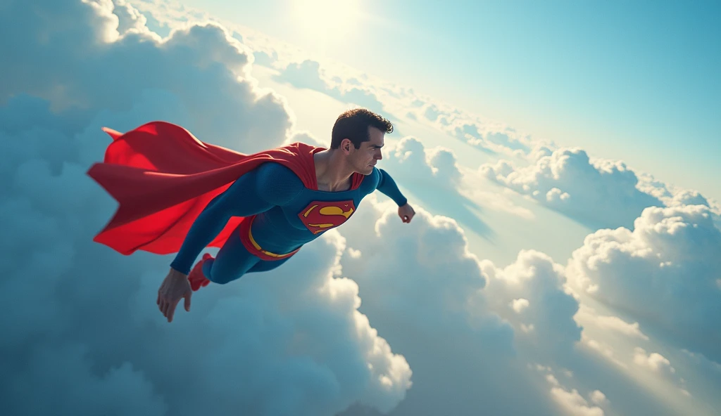 Superman flying among the clouds, ultra realisitic, 真实感, hiper真实感 