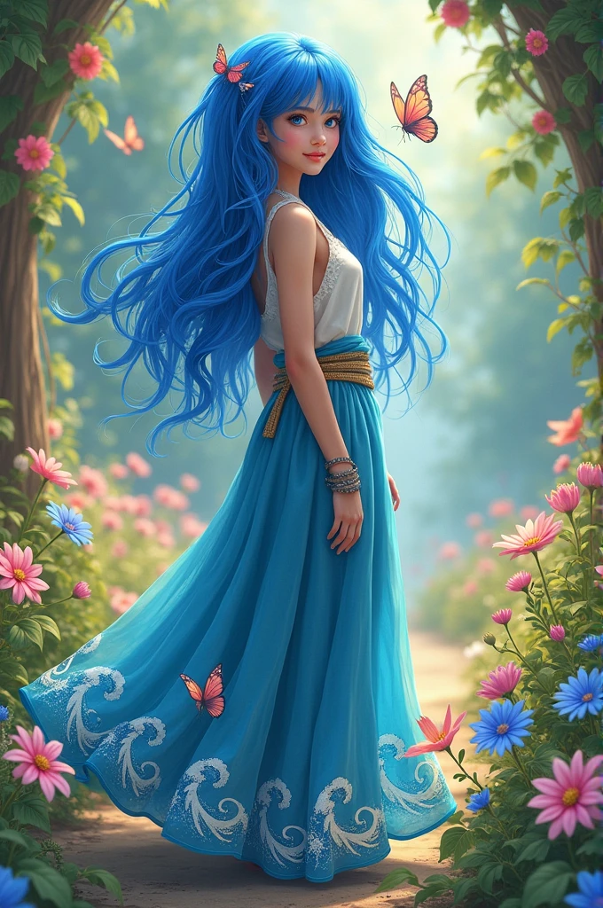 A girl with blue hair,blue eyes,with hair up and down at the same time,with a long skirt