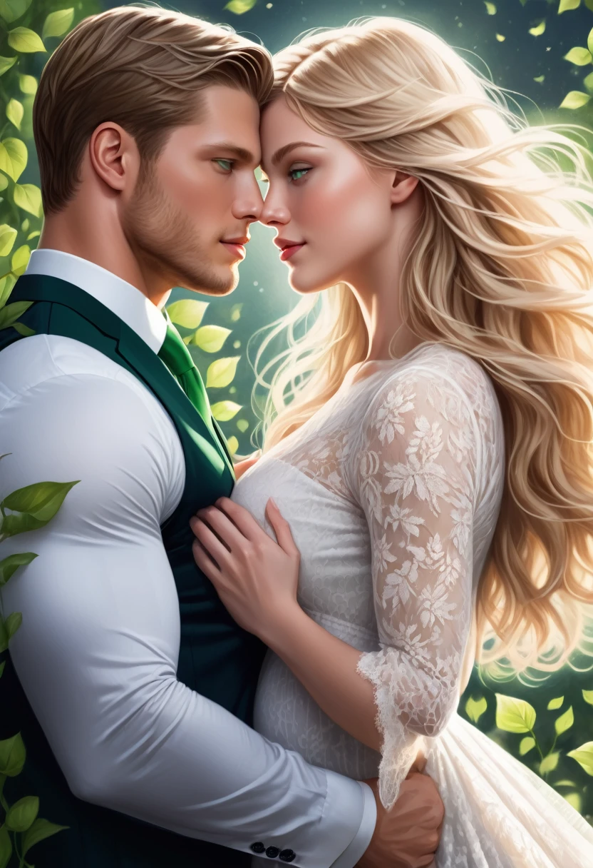 Generate an illustration of a heterosexual couple for a book cover. The beautiful woman looks like Melissa Benoist, pregnant in a white lace dress, huge blonde hair and green eyes. The athletic and imposing man, identical to Chris Wood wearing a dark suit, blue eyes and short dark hair.