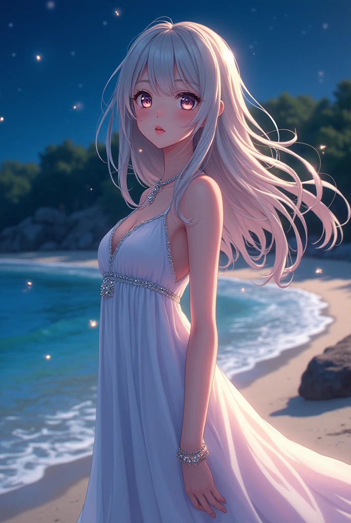 (masterpiece、Highest quality、8k、High resolution)、One female、(Beautiful Face、Beautiful Face)、Beautiful eyes、Beautiful lips、Beautiful nose、Silver blonde hair、(The best anime girl)、Sandy beach with a view of the forest、A bright night with stars visible、体whole bodyから神秘的な光の粒子、Mysterious light around the head、jewelry、necklace、dress、(whole body)、Highly detailed anime art、A complete portrayal、