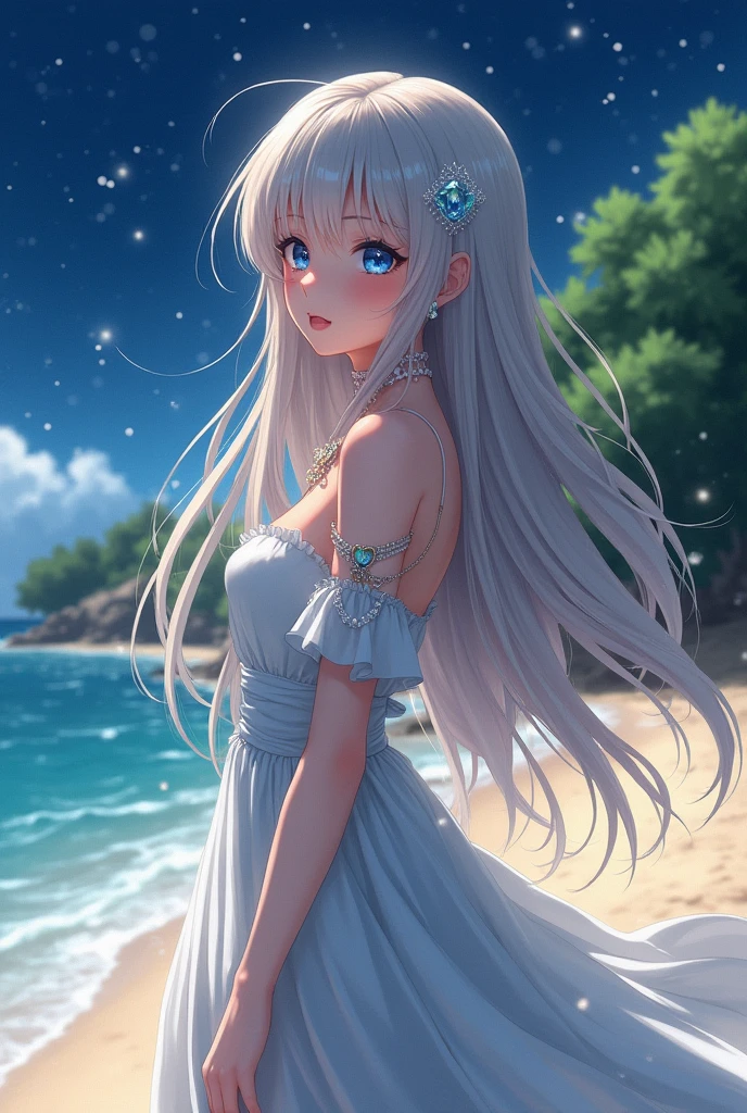 (masterpiece、Highest quality、8k、High resolution)、One female、(Beautiful Face、Beautiful Face)、Beautiful eyes、Beautiful lips、Beautiful nose、Silver blonde hair、(The best anime girl)、Sandy beach with a view of the forest、A bright night with stars visible、milky way、体whole bodyから神秘的な光の粒子、Colorful light particles、A mysterious light glowing around the head、jewelry、necklace、dress、(whole body)、Highly detailed anime art、A complete portrayal、