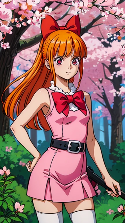 (1girl, (Blossom:1.5)), (extremely detailed CG unit 8k wallpaper),(master part), (best quality), (ultra detail), (best illustration),(one piece style), cowboy shot, (Sharp eyeliner, ombre, detailed eyes:1), garden, outdoors ,GHIBLI_Background, break , upper body,(orange hair, blunt bangs, pink eyes:1.2), (hair bow, red bow, simple pink dress, simple black belt, white thighhighs:1.2),(shy pose:1.2), (solo, one person, one subject:1.5),  