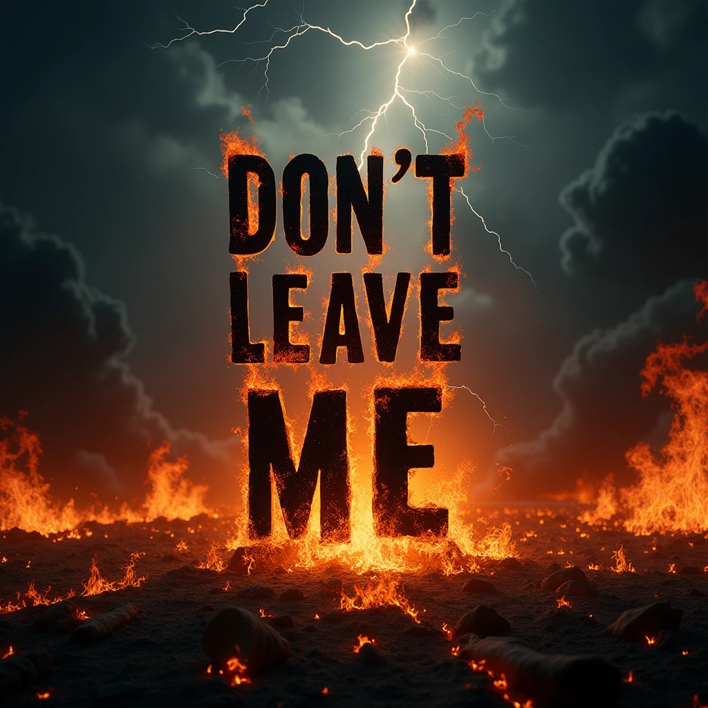 A written image "DON'T LEAVE ME" in black, with background with lightning and fire