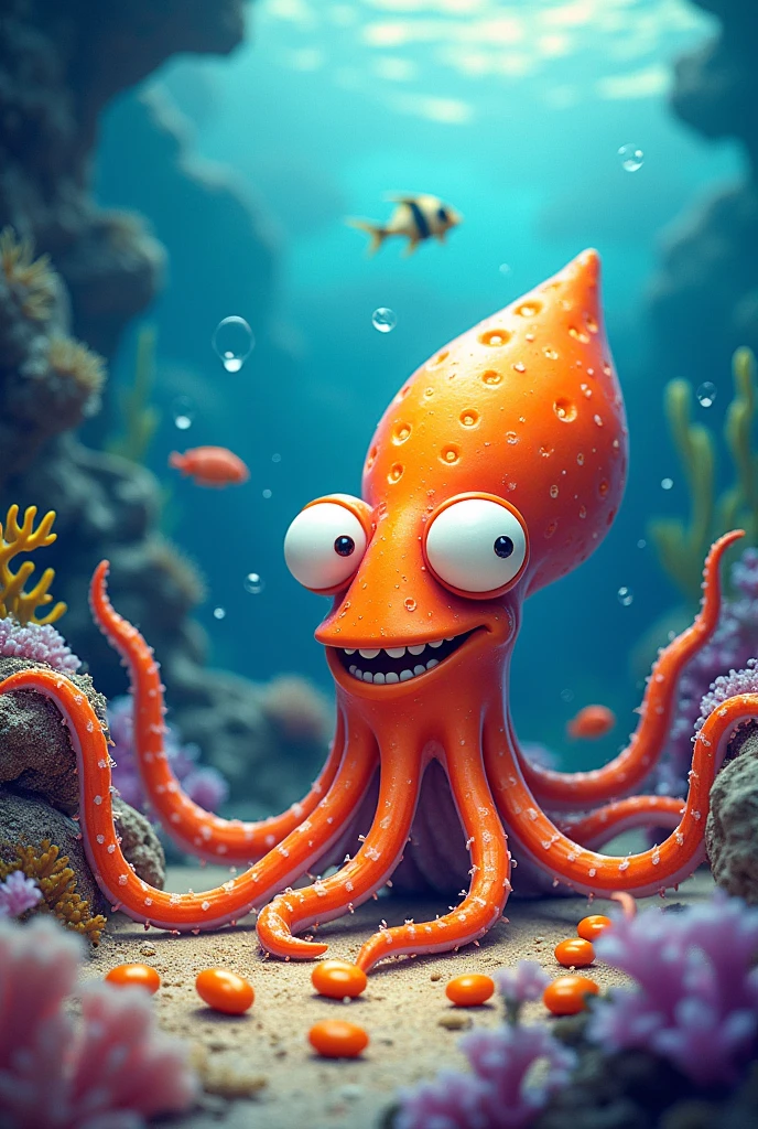 Squid eating raw beans

