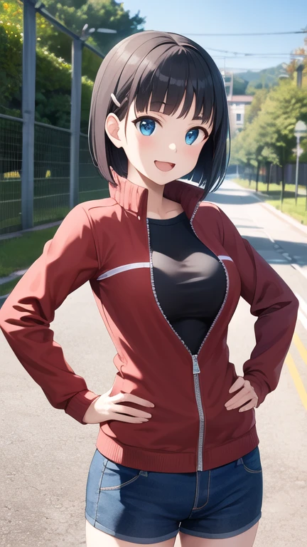 masterpiece, best quality, highres, aasugu, short hair, hairclip, large breasts, track jacket, red jacket, black shirt, blue shorts, hand on hip, smile, open mouth, outdoors
