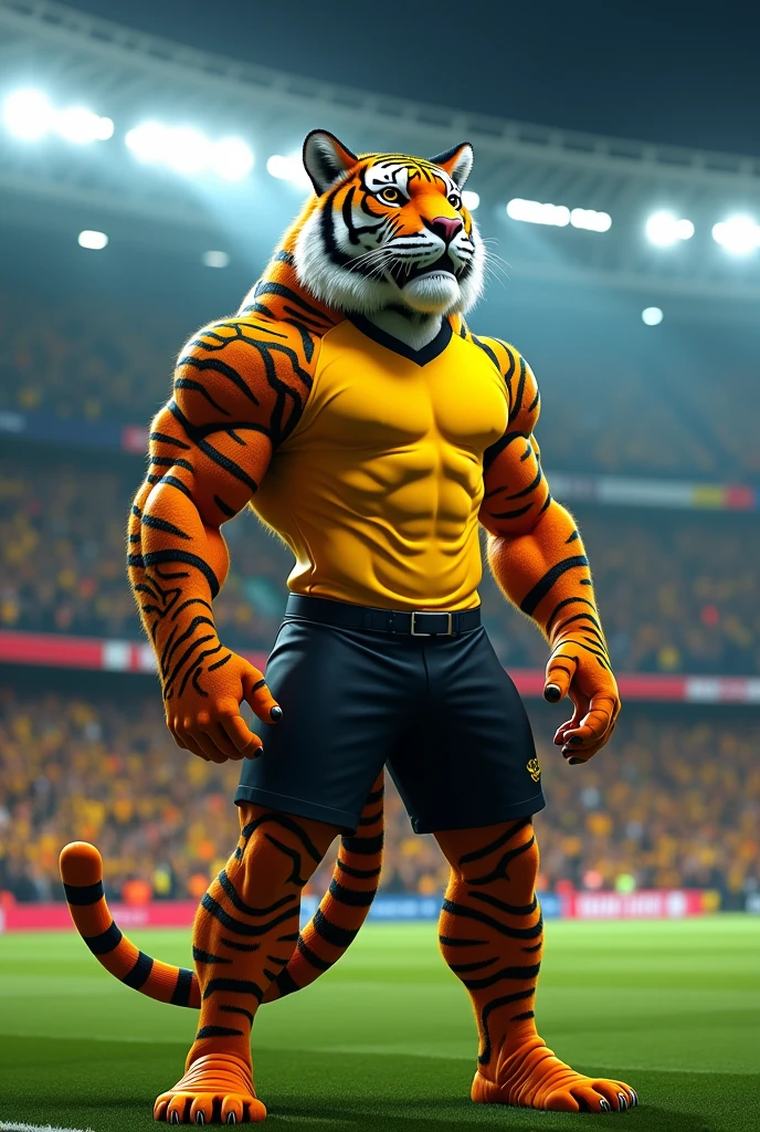 generates an image of a strong looking humanoid tiger, with a yellow shirt with black stripes in a stadium where the stands are full of black and gold fans