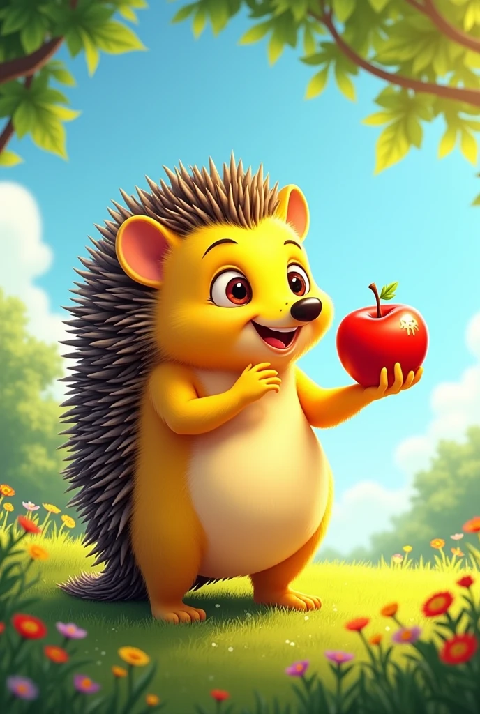 Draw a yellow hedgehog that looks like a person with a height of 1,5 meters, who eats a red apple