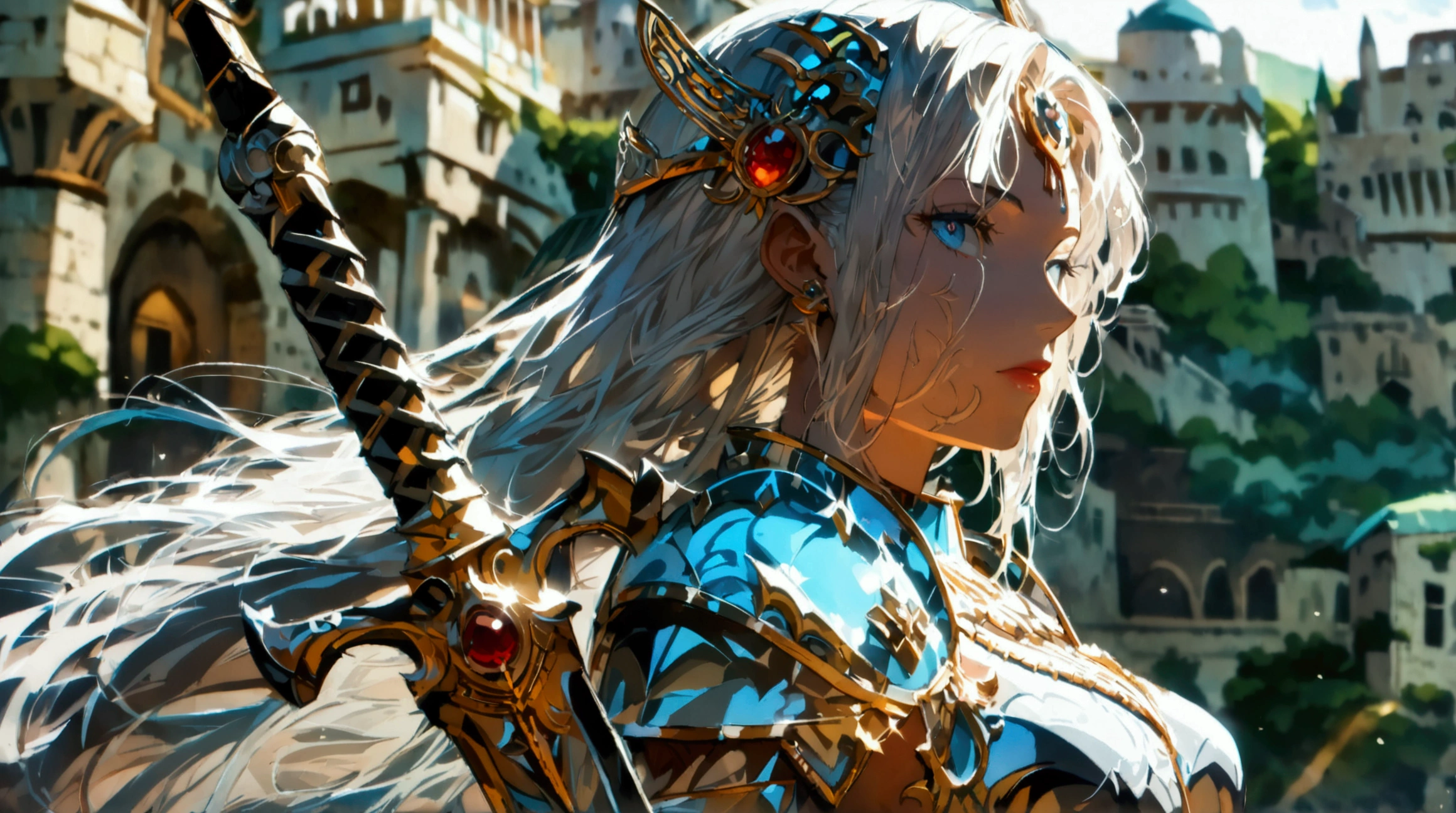 Woman, long silver hair, silver tone eyes, silver warrior armor, silver sword on the back, ancient castle background, ((Intricate anime character design inspired by One Piece)), ((Stunning lighting)), ((Fine lines)), ((Stunning focus)), ((Centered character)), ((Stunning face)), ((Detailed focus)), ((Detailed background)), ((Ultra-fine 2D design)), ((Creative backdrop)), ((2D masterpiece)), ((Best quality)), ((8K anime style))
