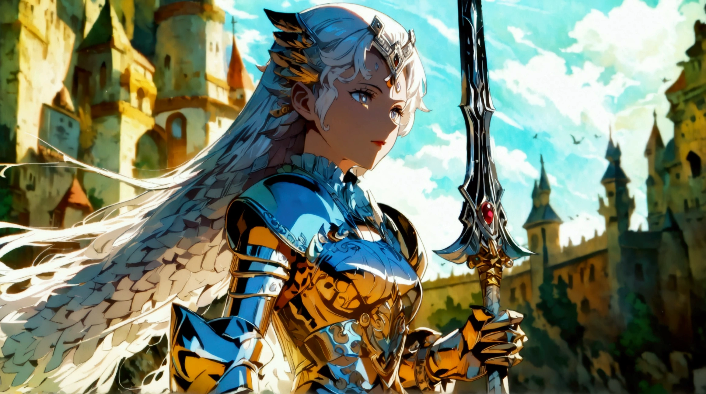 Woman, long silver hair, silver tone eyes, silver warrior armor, silver sword on the back, ancient castle background, ((Intricate anime character design inspired by One Piece)), ((Stunning lighting)), ((Fine lines)), ((Stunning focus)), ((Centered character)), ((Stunning face)), ((Detailed focus)), ((Detailed background)), ((Ultra-fine 2D design)), ((Creative backdrop)), ((2D masterpiece)), ((Best quality)), ((8K anime style))
