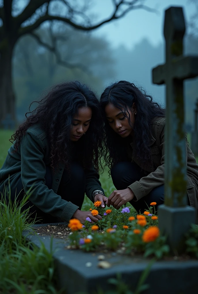 Two beautiful women with dark skin and curly hair crying on a grave in a cemetery