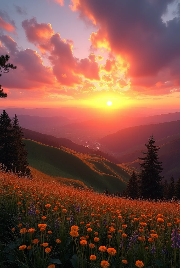 Sunset landscape from above