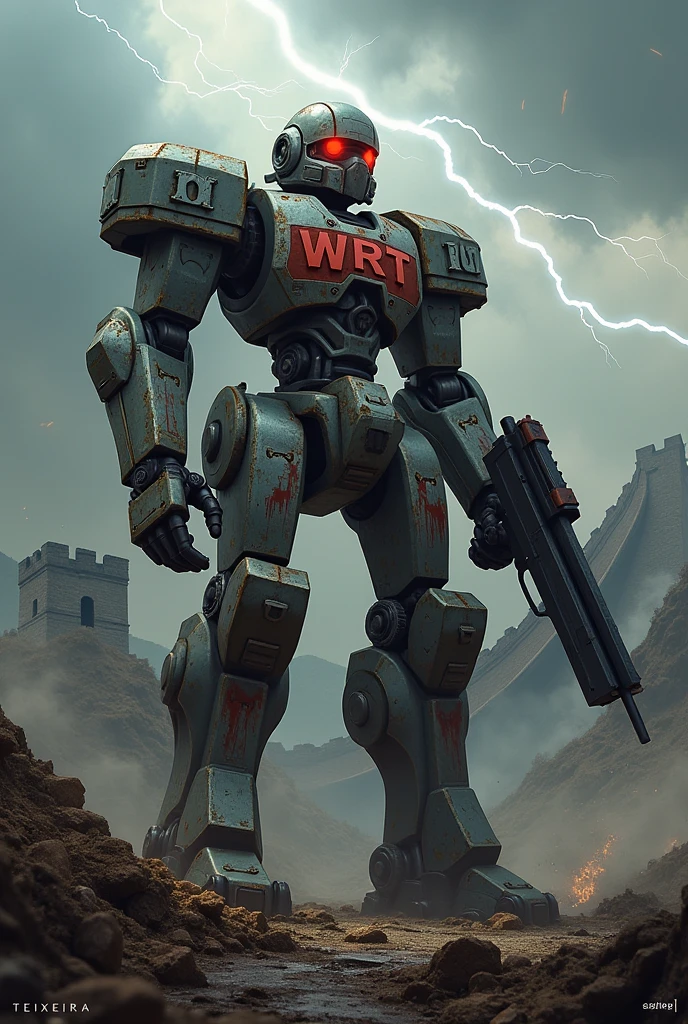 A bloodied Warrior Robot with the WRT Acronym, the name Teixeira at the bottom of the image holding a minigun with the Great Wall of China in the background