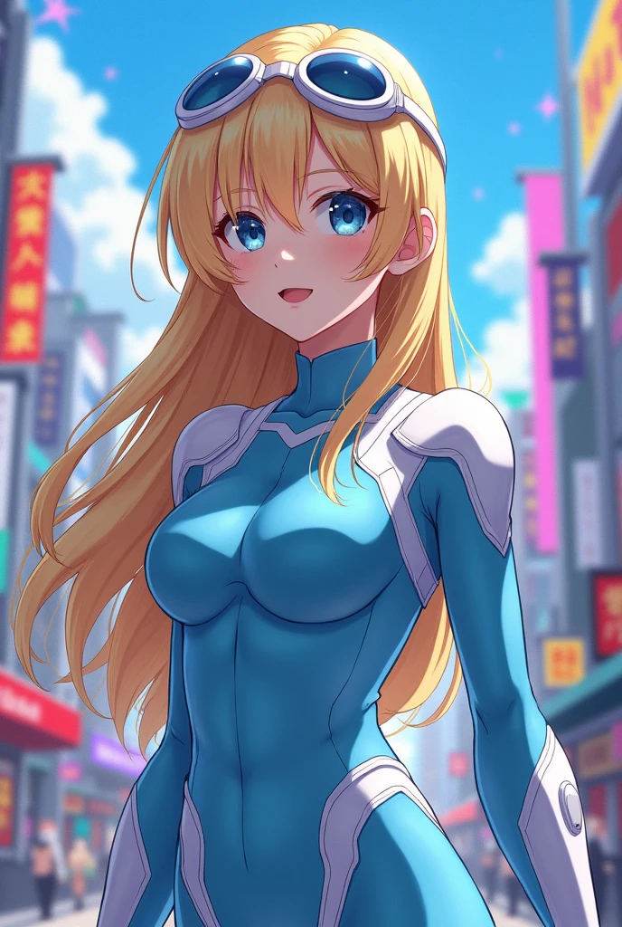 (anime) Girl in My hero academia, blonde with hair below the shoulder, something long in layers, in a hero suit like Uraraka&#39;s but in pastel blue and without the helmet with white details and sunglasses like goggles on his head. light blue eyes, beautiful, 
