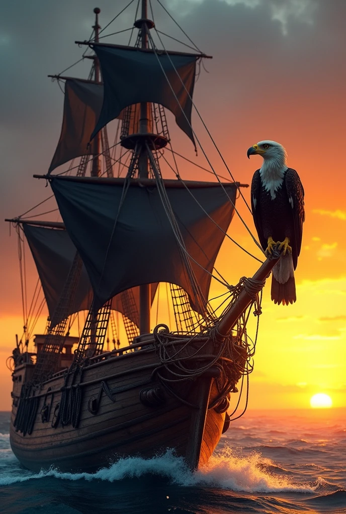 Highest quality Photo style Eagle perched on the mast of a pirate ship