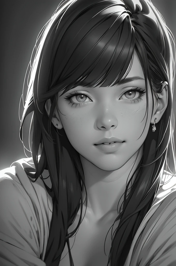 An animated young artist drawing, monochrome drawing style, detailed, extremely detailed face, portrait, digital art, dark hair with bangs traditional art, (best quality, 4k, 8k, high resolution, masterpiece: 1.2), ultra detailed ,(realistic, photorealistic, photorealistic: 1.37), HDR, UHD, studio lighting, ultra-thin painting, sharp focus, physically based rendering, extreme detail depiction, professional, vivid colors, bokeh