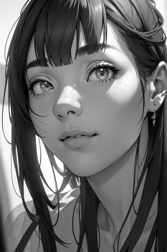 An animated young artist drawing, monochrome drawing style, detailed, extremely detailed face, portrait, digital art, dark hair with bangs traditional art, (best quality, 4k, 8k, high resolution, masterpiece: 1.2), ultra detailed ,(realistic, photorealistic, photorealistic: 1.37), HDR, UHD, studio lighting, ultra-thin painting, sharp focus, physically based rendering, extreme detail depiction, professional, vivid colors, bokeh