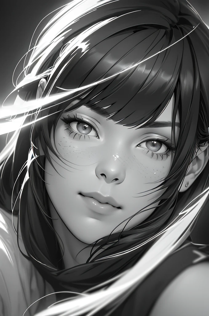 An animated young artist drawing, monochrome drawing style, detailed, extremely detailed face, portrait, digital art, dark hair with bangs traditional art, (best quality, 4k, 8k, high resolution, masterpiece: 1.2), ultra detailed ,(realistic, photorealistic, photorealistic: 1.37), HDR, UHD, studio lighting, ultra-thin painting, sharp focus, physically based rendering, extreme detail depiction, professional, vivid colors, bokeh