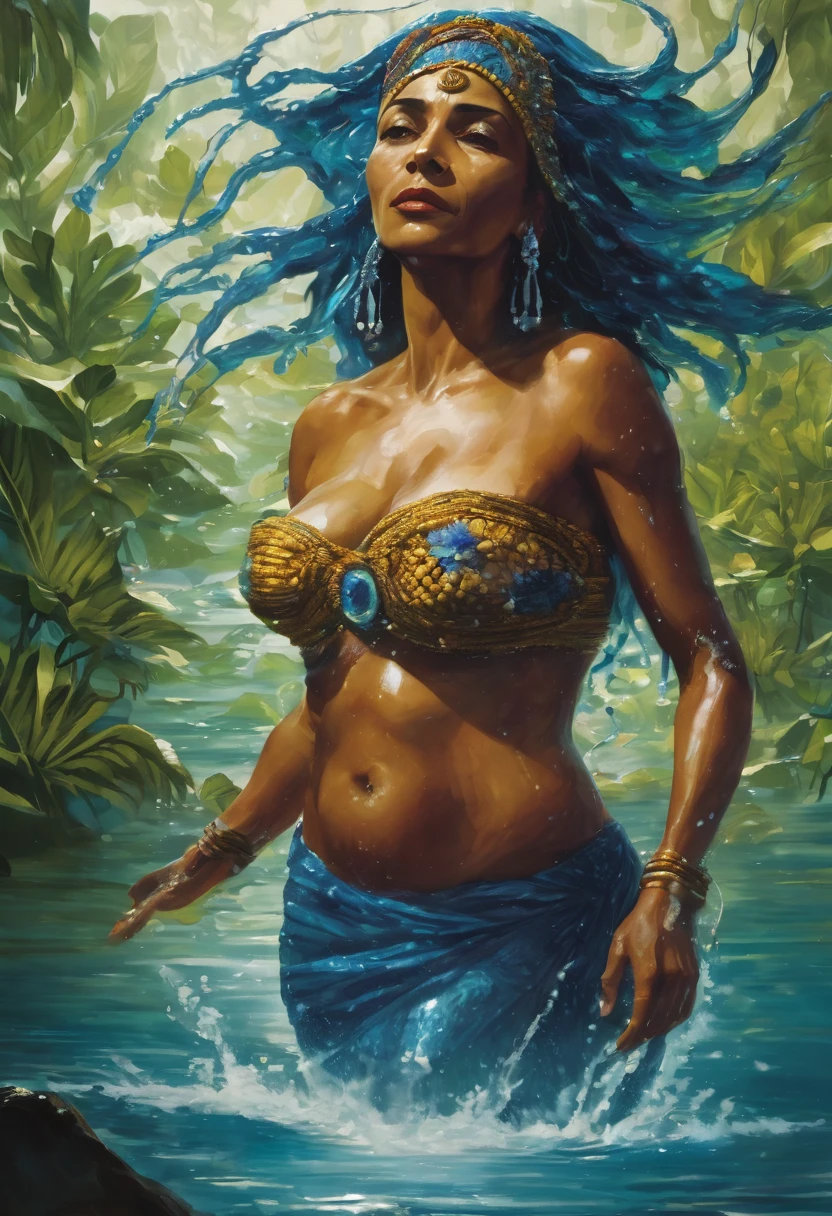 ((Masterpiece)), a beautiful African woman (Halle Berry:0.5), brown-black hair, ((natural hair)), fully nude, naked, underwater, surrounded by beautiful aquatic life, sunken city of Atlantis, (UHD, 8K wallpaper, High resolution), Cinematic lighting, award-winning, extremely detailed skin, extra detailed face, high detail eyes, photo-realistic, Zeiss 85 mm F/1.4, by Ellen von Unwerth obra prima ,Ultra realista, Foto realism , Beautiful black woman , wet lips , olhos castanhos , cabelo castanhos  compridos ,  soltos ao vento , coxas musculosas , corpo inteiro , (( tatuagem na lateral da perna , tatuagem tribal )) , pele muito detalhada ,  sexy position , vestido cinza claro brilhante , (( vestido estilo grego cinza claro brilhante )) , brilhante , tudo detalhado , landscape in aphrodisiac background , janela , Amanhecendo , PECADO , luxuria , strong illumination , marcante , 8k