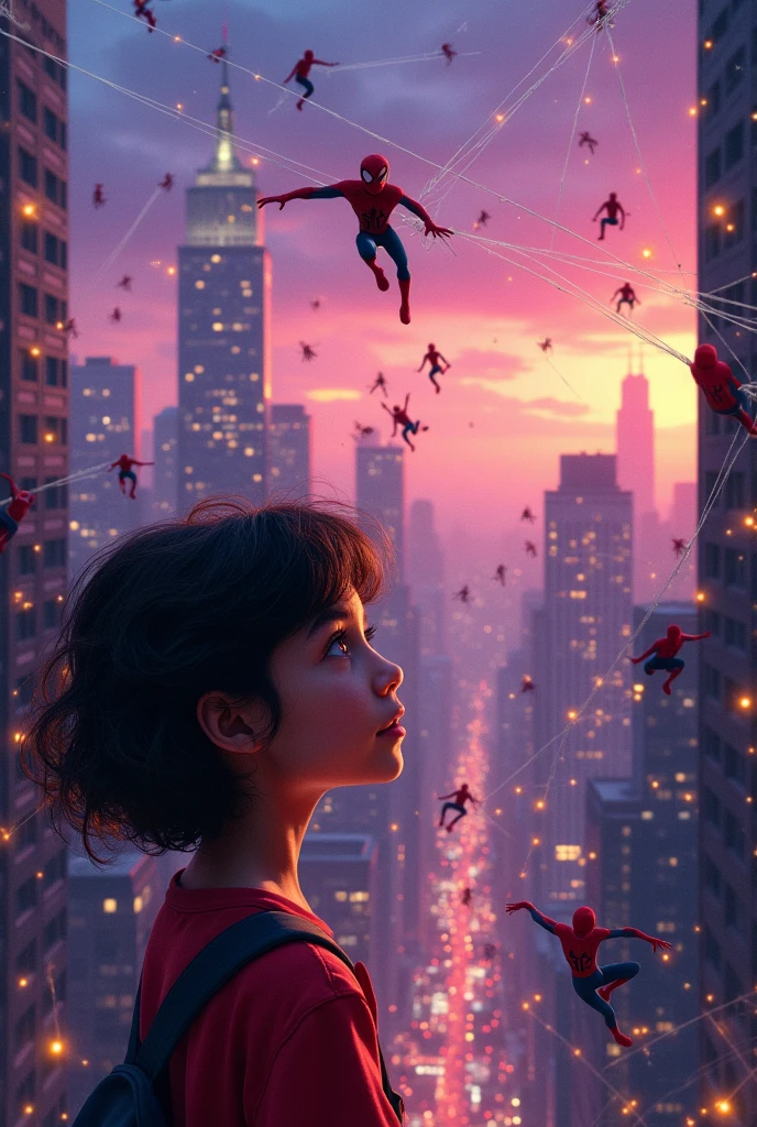 A girl with short wavy hair looking to the right resembling the world where there are thousands of spiderman 