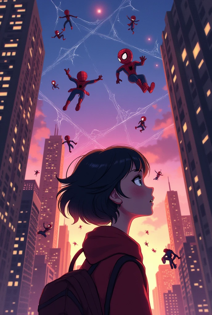 A girl with short wavy hair looking to the right resembling the world where there are thousands of spiderman