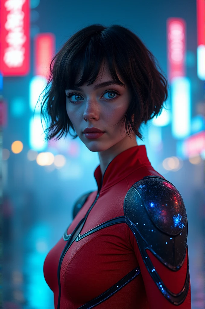 Anime woman 22 years old hero costume red with phosphorescent blue, short dark brown hair light blue eyes, pale white skin