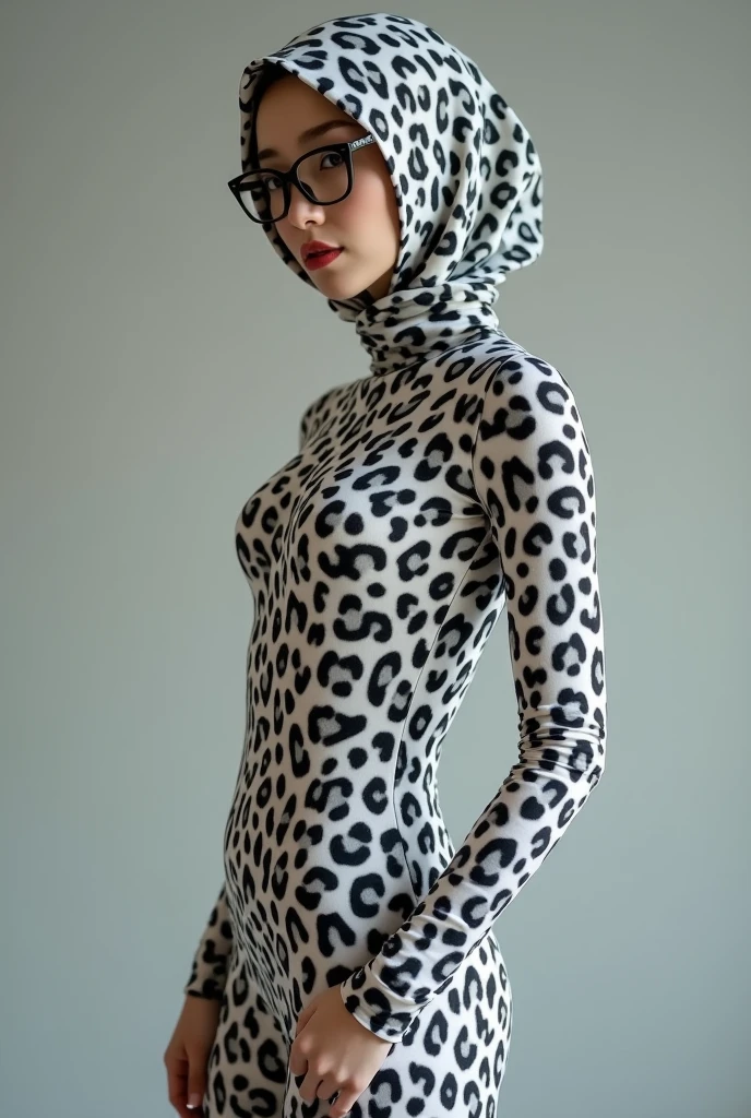 The most beautiful,thin,most pretty and clever Asian muslimah adult girl wears white leopard print lycra turtleneck unitard catsuit covered with spots.She always wear white leopard print lycra dancewear stretchy square hijab covered with many spots.She is smelling a sushi on the table.